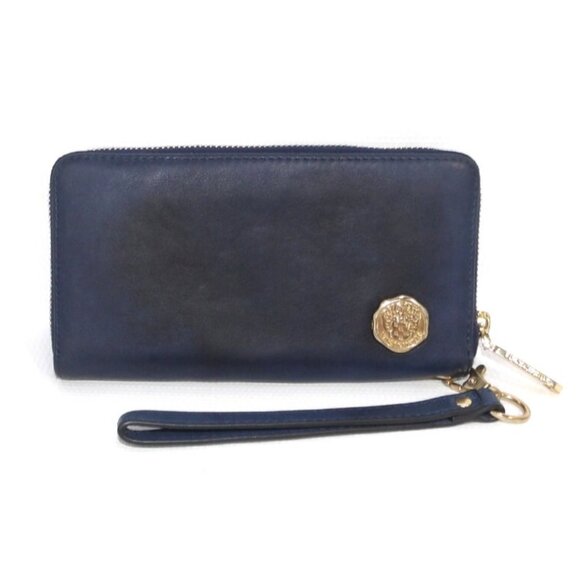 VINCE CAMUTO dark blue leather women's zip around wallet wristlet 7.5 x 4 x .75" - Picture 1 of 3